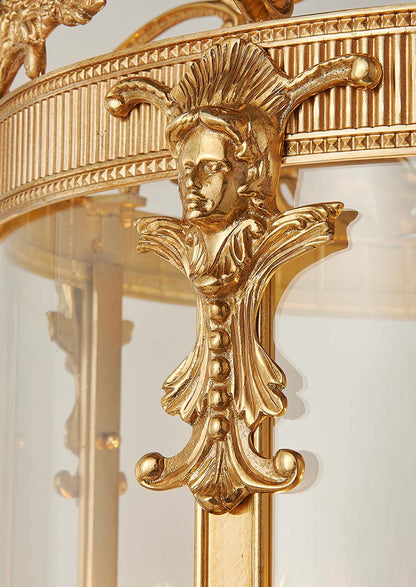 Lantern Gilt 4 Light With Engraved Glass Panels Brass Chandelier
